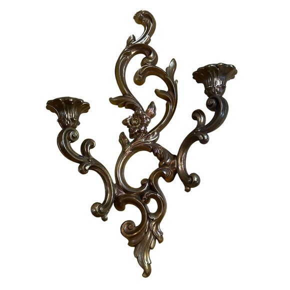 VTG Ornate Gold Wall Sconce 17" | Double Candle Holder Hollywood Regency Elegant - Picture 2 of 7